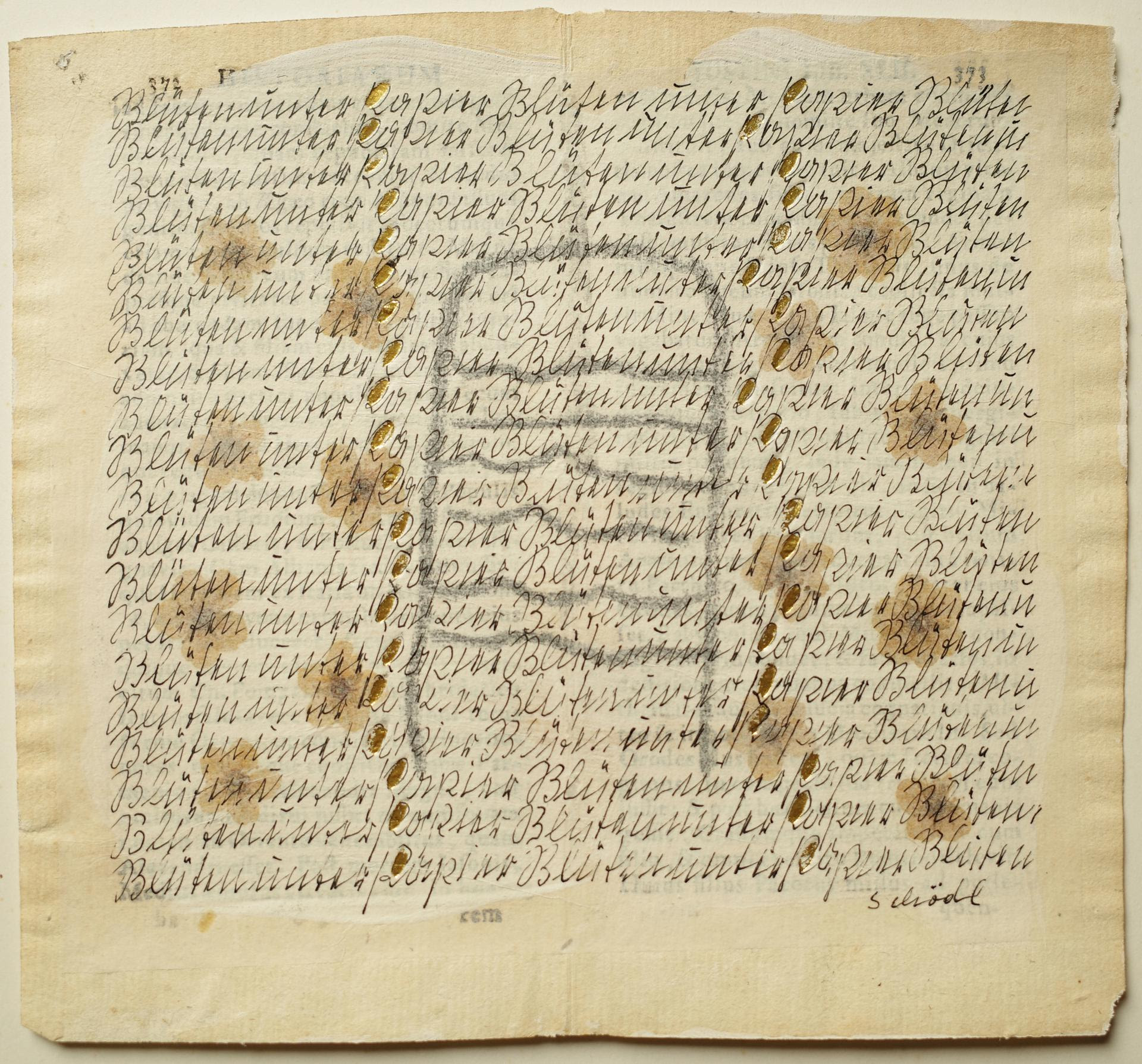 Greta Schödl, Senza titolo, (Serie SCRITTURE), anni Ottanta  pagina di libro antico, fiori, pastello, carta di riso, inchiostro di china nero, foglia d'oro, 14 x 15 cm