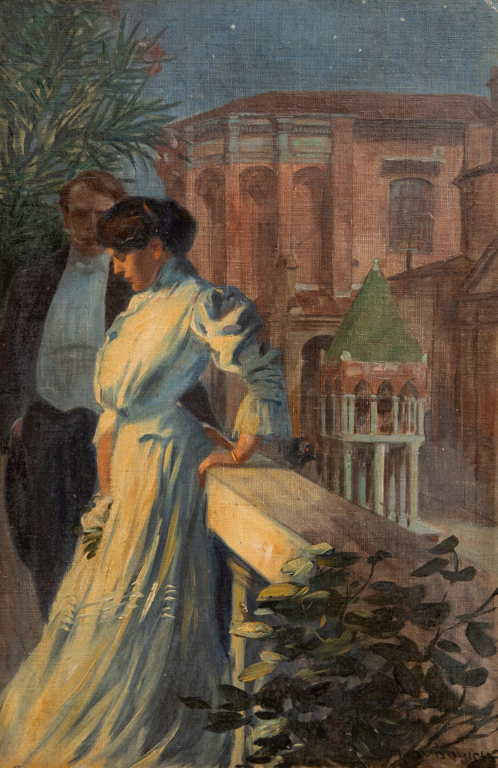 Marcello Dudovich, Autoritratto con Elisa Bucchi in Piazza San Domenico, 1899-1901  olio su tela applicata su compensato, 55,5x36 cm